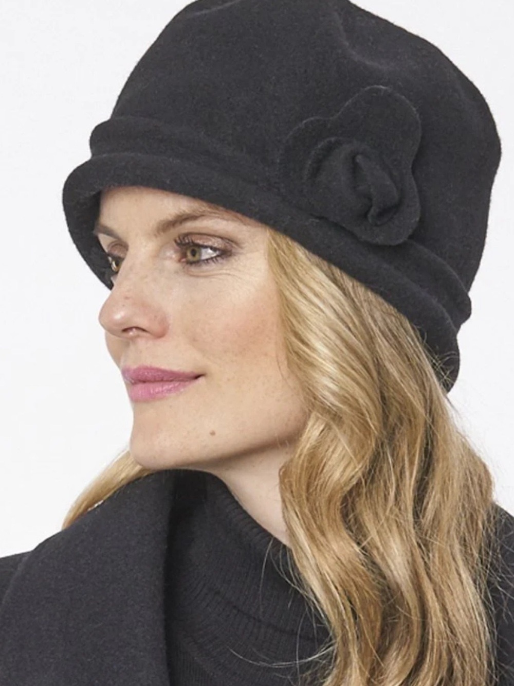 Parkhurst Black Wool Cloche Hat Rosette Accent Classic Felted Winter Hat